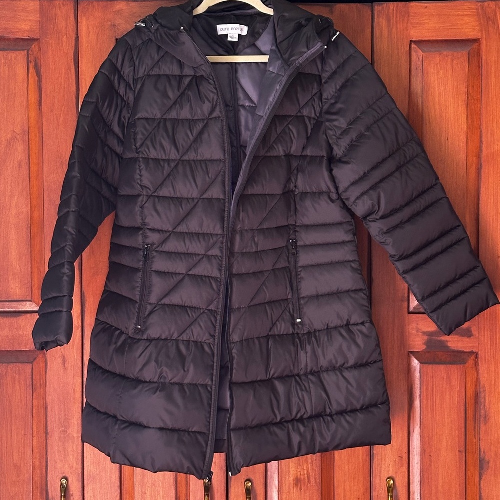 Pure Energy Black Puffer Jacket Insulated Mid-Length